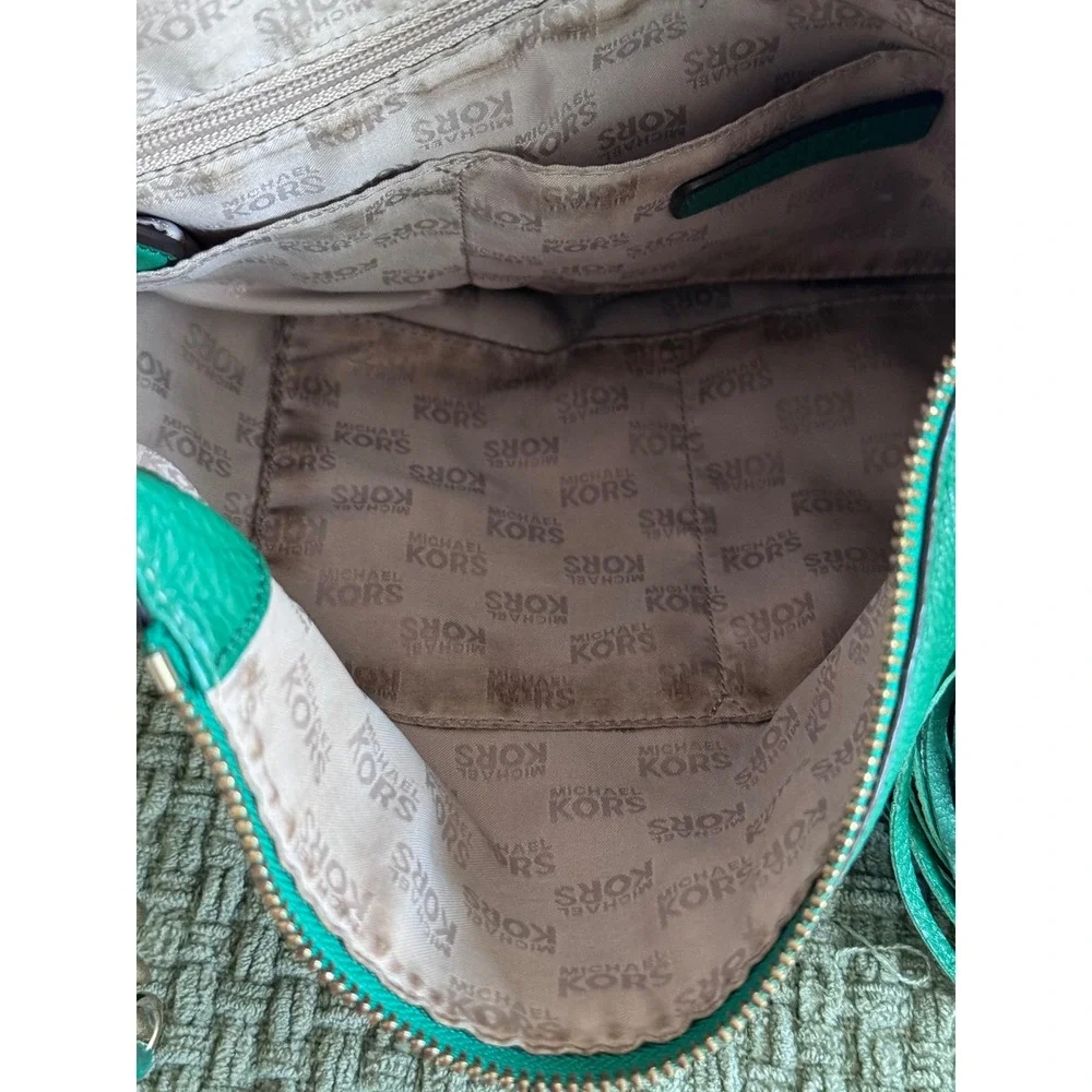 Michael Kors Green Pebbled Leather Hobo Bag Gold Chain Tassel Shoulder Bag